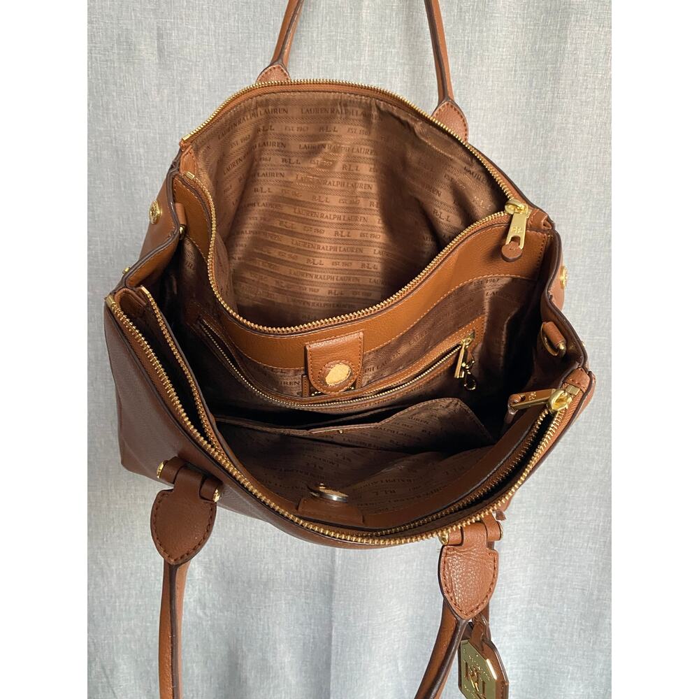Lauren Ralph Lauren Cognac Brown Pebbled Leather Satchel Tote Bag (As-Is) - Picture 2 of 9